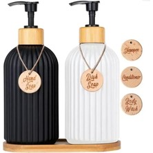 Skygo 2’li Hands Dishes Siyah Beyaz Dekoratif Mutfak Banyo Sıvı Cam Sabunluk Seti 500ML Bambu Stantlı Set