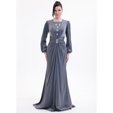 Bdm Exclusive Taş Detaylı Drape Gövdeli Uzun Kollu Premium Abiye Elbise