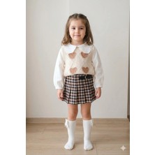 Mini Baray Kız Çocuk Kalpli Örgü Yelek Dantel Yakalı Bluz Ekose Pileli Etek 3'lü Takım 2 3 4 5 Yaş - Siyah