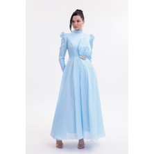 Bdm Exclusive Şifon Çiçek Detaylı Taş Kemerli Uzun Kollu Abiye Elbise