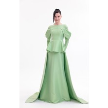 Bdm Exclusive Tafta Drape Kollu Peplum Bel Taşlı Premium Abiye Elbise