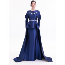 Bdm Exclusive Tafta Taş Işlemeli Drape Kollu Peplum Premium Abiye Elbise