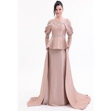 Bdm Exclusive Tafta Taş Işlemeli Drape Kollu Peplum Premium Abiye Elbise