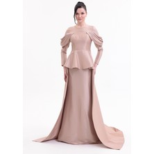 Bdm Exclusive Tafta Drape Kollu Peplum Bel Taşlı Premium Abiye Elbise