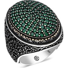 Fumeyabi Gümüş Yeşil Zirkon Taşlı Oval Erkek Yüzük