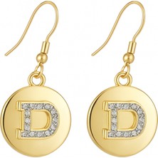 Tuqos Kadın Gold Renk D Harf Detaylı Zirkon Taşlı Sallantılı Rodyum Küpe 2'li