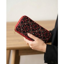 Zaytoon Filistin Geleneksel Renkli Kırmızı Nakışlı Çift Fermuarlı Kadın Büyük Cüzdeni 20X10 cm A100027