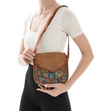 Missbag Kadın El Yapımı Etnik Geometrik Desenli Kilit Kapama Küçük Boy Askılı Kahve Omuz Çantası