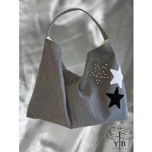 El Yapımı Yıldız Işlemeli Gri Kot Çanta