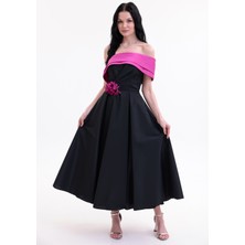 Bdm Exclusive Tafta Çiçek Detaylı Off-Shoulder Premium Abiye Elbise