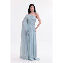Bdm Exclusive Parlak Şifon Drape Kollu Tek Omuz Premium Abiye Elbise