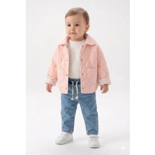 Mini Baray Kız Bebek Mevsimlik 3'lü Kombin - Çift Taraflı Kapitone Montlu Kot Takım  - Somon