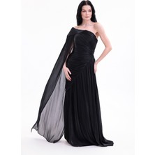 Bdm Exclusive Parlak Şifon Drape Kollu Tek Omuz Premium Abiye Elbise