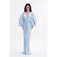 Bdm Exclusive Şifon Balon Kollu Drape Detaylı Premium Abiye Elbise