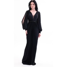 Bdm Exclusive Şifon Balon Kollu Drape Detaylı Premium Abiye Elbise