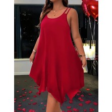 Kendim Fashion Kadın Askılı Yuvarlak Asimetrik Kesim Detaylı Viskon Elbise