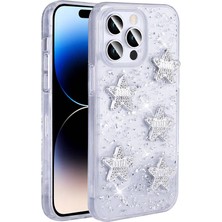 Apple iPhone 14 Pro Max Kılıf Airbagli Simli Arka Yüzey Nxar Işıltı Silikon Kapak-Beyaz-Yıldız