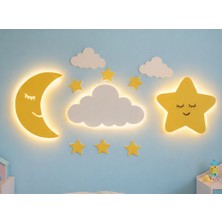 Diyar Tasarım Bebek Odası Duvar Süsü – Ahşap Bulut Ay ve Yıldız – LED Işıklı Dekor