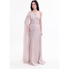 Bdm Exclusive Parlak Şifon Drape Kollu Tek Omuz Premium Abiye Elbise