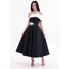 Bdm Exclusive Tafta Çiçek Detaylı Off-Shoulder Premium Abiye Elbise
