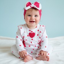 Milays Kız Bebek Kalp Baskılı ve Kabartmalı %100.PAMUK Bandanalı  Takım.