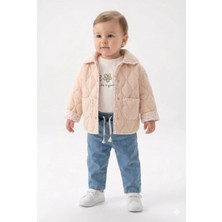 Mini Baray Kız Bebek Mevsimlik 3'lü Kombin - Çift Taraflı Kapitone Montlu Kot Takım  - Bej
