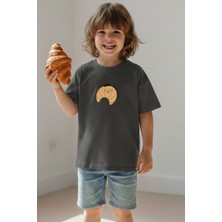 Monila Unisex Çocuk Pamuklu Kısa Kol Bisiklet Yaka T-Shirt Antrasit Renkli Günlük Stil