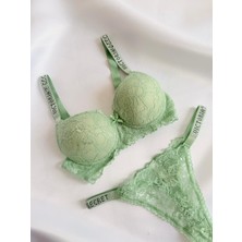 Kadın Dantelli Yarım Destekli Taşlı Sütyen ve Tanga Takımı