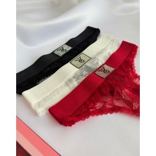 Taş Detaylı Dantelli Şık 3’lü Tanga Seti– Kırmızı, Siyah, Beyaz (Kutulu Gönderim)