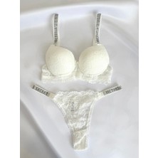 Kadın Dantelli Yarım Destekli Taşlı Sütyen ve Tanga Takımı