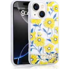 iPhone 15 Uyumlu Kılıf Sıvılı Simli Baskılı Şeffaf Arka Yüzey Nxar Mossa Silikon Kapak-Sarı