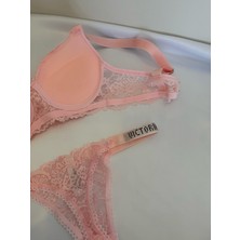 Kadın Dantelli Yarım Destekli Taşlı Sütyen ve Tanga Takımı