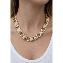 Huma Butik Takı Aksesuar Altın Kaplama Inci Detaylı Halka Zincir Kolye - Şık Tasarım