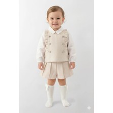 Mini Baray Kız Çocuk Chanel Stil Tüvit Yelek ve Şort Takım - Bej
