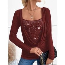Etiler Collection Kadın Uzun Kollu Derin Degaje Yakalı Taşlı Sandy Bluz