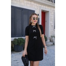 Etiler Collection Kadın Kısa Kollu Bisiklet Yaka Önden Fiyonk Detaylı Ithal Krep Elbise