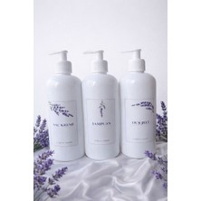 Ayça Home 3'lü Beyaz Soft Kapaklı Lavanta Görseli Etiketli Şampuan,saç Kremi ve Duş Jeli 500 ml Plastik Şişe