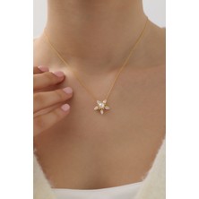 Sunshine 925 Ayar Gümüş Gold Kaplamalı Zircon Damla Taşlı Ortası Incili Kolye