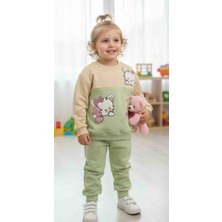 Sevimli Kedicik Nakışlı Kız Çocuk Alt Üst Takım - Yeşil & Bej