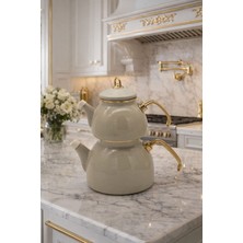Cooka Home Emaye Çaydanlık Takımı | Gold Detaylı | 1,1 L Demlik + 2,3 L Suluk