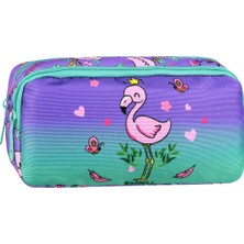 Niss Store Lisanslı Su Yeşili-Lila Flamingo Desenli 2 Cepli Kalem Çantası