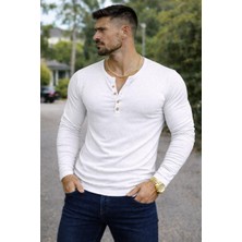 Bybülent Özel Üretim Uzun Kollu Henley Yaka Düğmeli Açık Geniş Yaka Tişört T-Shirt