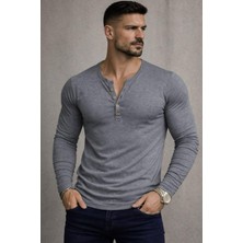 Bybülent Özel Üretim Uzun Kollu Henley Yaka Düğmeli Açık Geniş Yaka Tişört T-Shirt