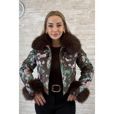 Muna Boutique Ithal Yakası Kürklü Kahverengi ve Çiçek Motifli Mont