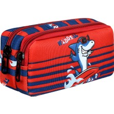 Niss Store Lisanslı Lacivert-Kırmızı Köpek Balığı Desenli 2 Cepli Kalem Kutusu