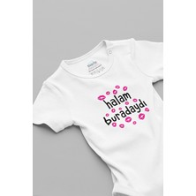 Overoz Halam Buradaydı Yazılı Öpücük Baskılı Kısa Kollu Beyaz Bebek Body Zıbın 5122