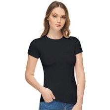 Elit Kadın Siyah Sıfır Yaka Likralı Kısa Kol T-Shirt-Siyah-M