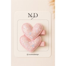Nuviera Design Pembe Parıltılı Kalp Klips Toka - 2'li Set
