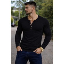 Bybülent Özel Üretim Uzun Kollu Henley Yaka Düğmeli Açık Geniş Yaka Tişört T-Shirt