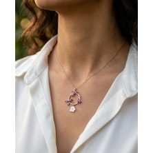 BG Jewellery Yuvarlak Ametist Taşlı Manolya 925 Ayar Gümüş Kolye